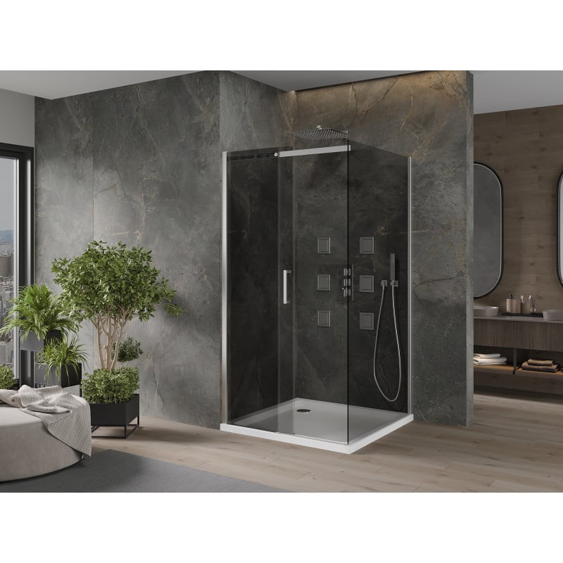 Mexen Omega sliding shower cabin 100 x 100 cm, graphite, chrome + Flat shower tray, white - 825-100-100-01-40-4010