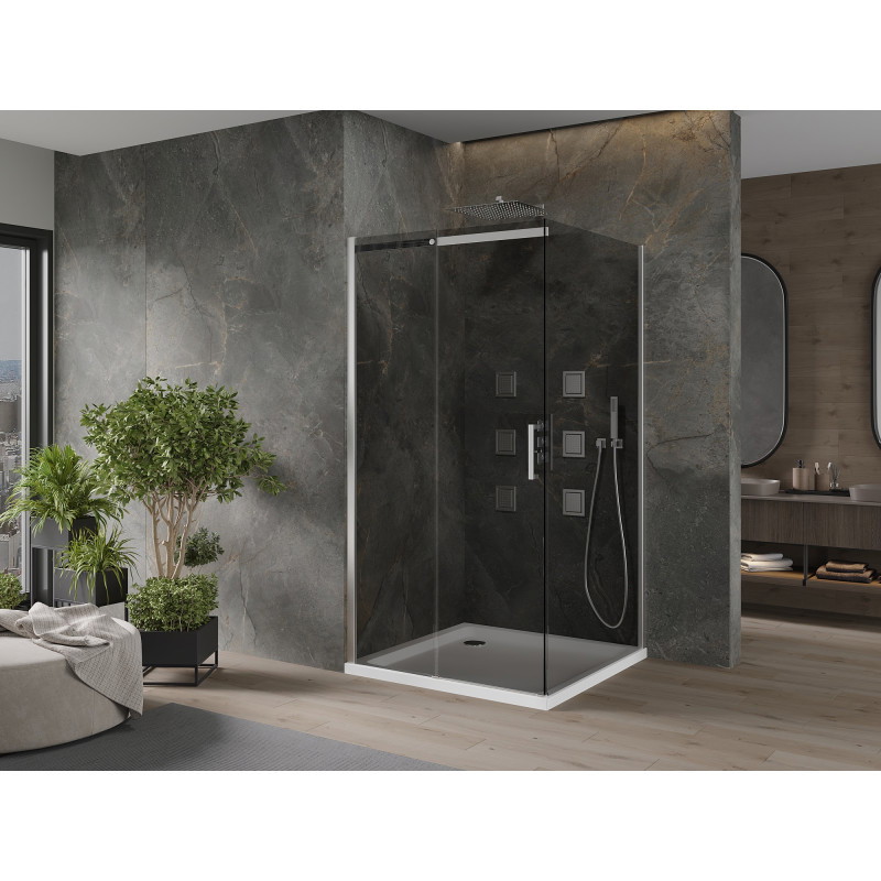 Mexen Omega sliding shower cabin 100 x 100 cm, graphite, chrome + Flat shower tray, white - 825-100-100-01-40-4010