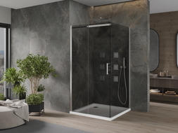 Mexen Omega sliding shower cabin 100 x 100 cm, graphite, chrome + Flat shower tray, white - 825-100-100-01-40-4010