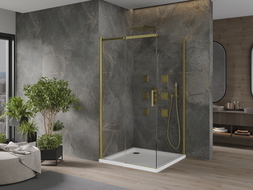 Mexen Omega extendable shower cubicle 100 x 100 cm, Transparent, Gold + shower tray Flat - 825-100-100-50-00-4010