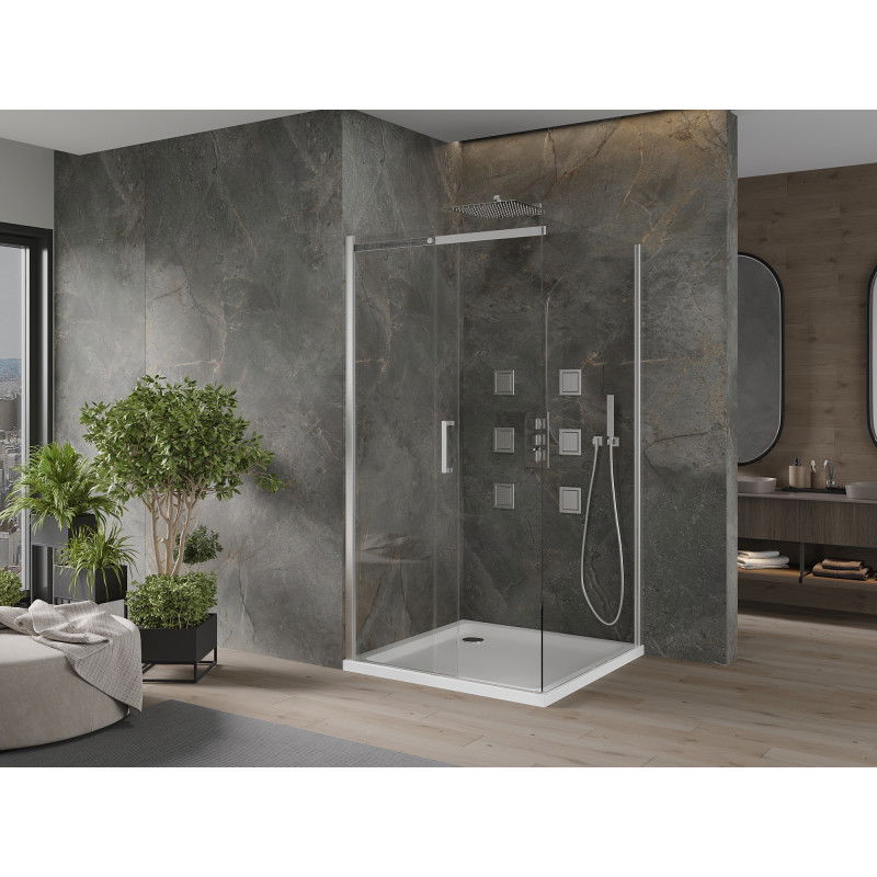 Mexen Omega Sliding Shower Enclosure 100 x 100 cm, Transparent, Chrome + Flat Shower Tray - 825-100-100-01-00-4010