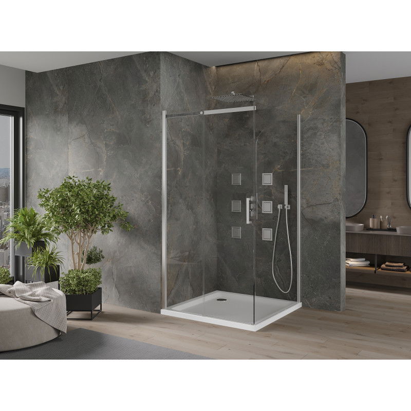 Mexen Omega Sliding Shower Enclosure 100 x 100 cm, Transparent, Chrome + Flat Shower Tray - 825-100-100-01-00-4010