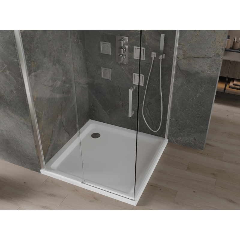 Mexen Omega Sliding Shower Enclosure 100 x 100 cm, Transparent, Chrome + Flat Shower Tray - 825-100-100-01-00-4010