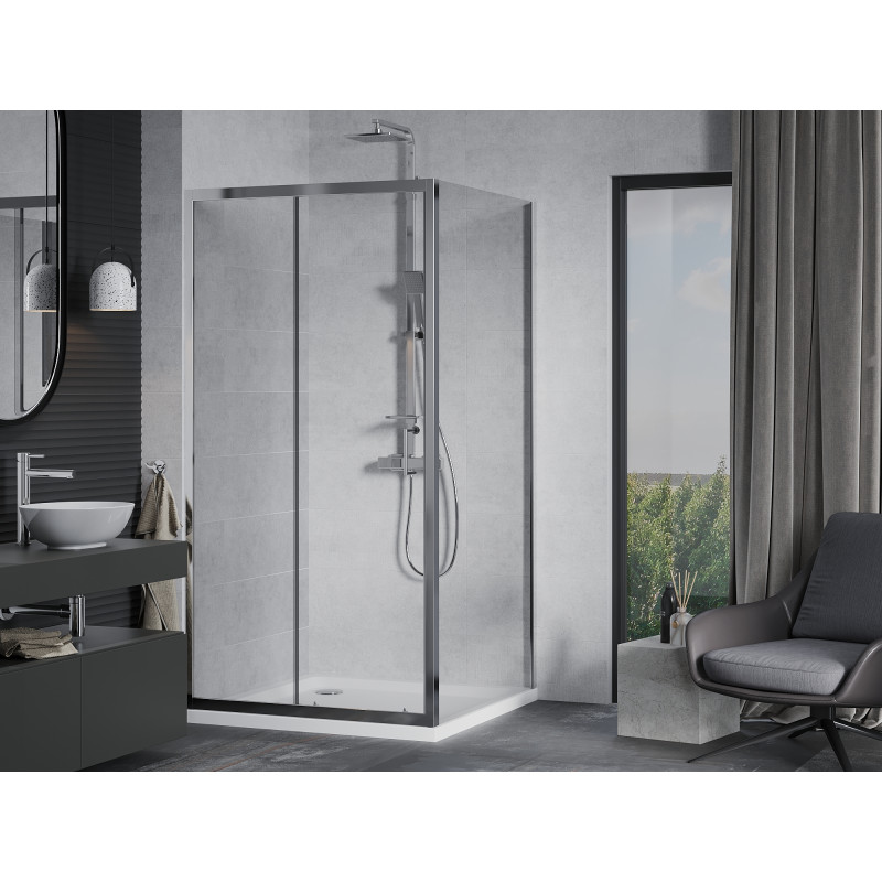 Mexen Apia sliding shower enclosure 90 x 90 cm, transparent, chrome + Flat shower tray - 840-090-090-01-00-4010