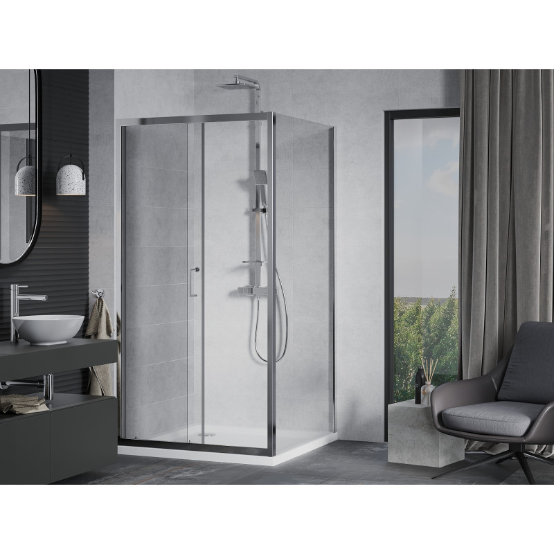 Mexen Apia sliding shower enclosure 90 x 90 cm, transparent, chrome + Flat shower tray - 840-090-090-01-00-4010