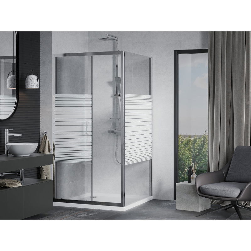 Mexen Apia sliding shower cabin 90 x 90 cm, white stripes, chrome + Flat tray - 840-090-090-01-20-4010