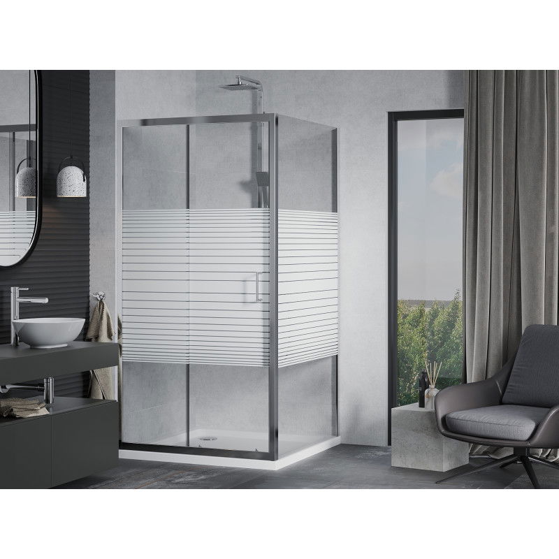 Mexen Apia sliding shower cabin 100 x 100 cm, white stripes, chrome + Flat tray - 840-100-100-01-20-4010