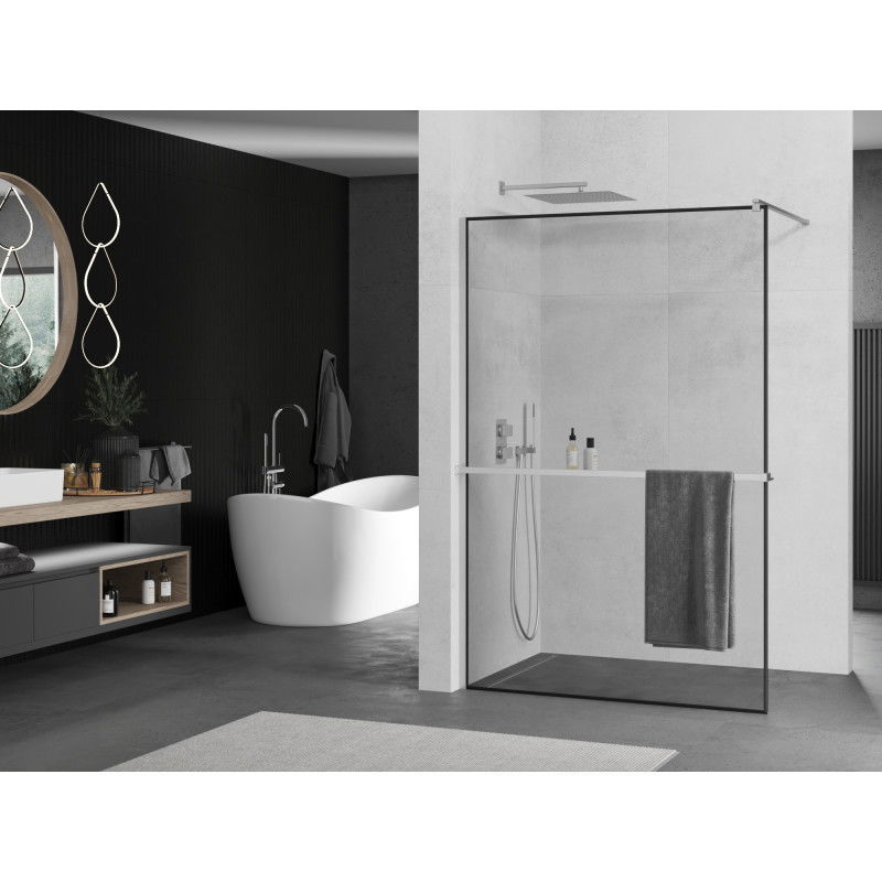 Mexen Kioto+ shower wall with shelf Walk-in 140 x 200 cm, black frame, chrome - 800-140-121-01-70