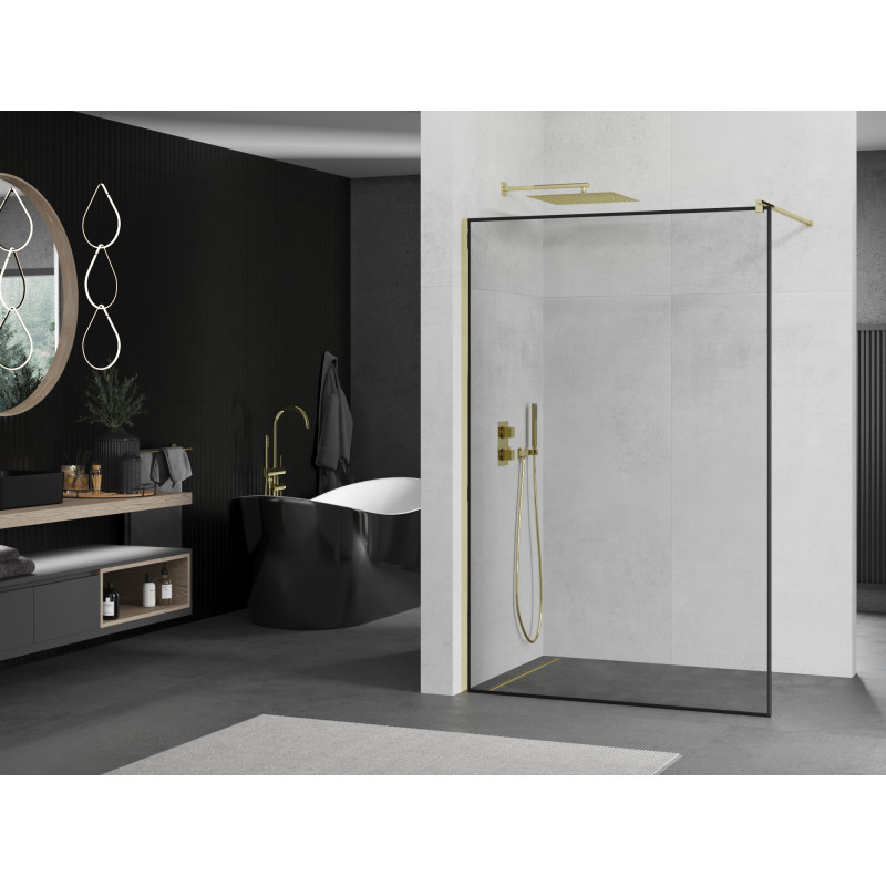 Mexen Kioto Walk-in Shower Panel 130 x 200 cm, Black Frame 8 mm, Gold - 800-130-101-50-70