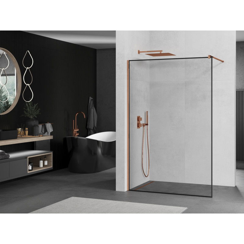 Mexen Kioto Walk-in Shower Wall 70 x 200 cm, Black Frame 8 mm, Rose Gold - 800-070-101-60-70