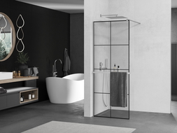 Mexen Kioto+ shower screen with a shelf and rail 80 x 200 cm, Transparent/Black pattern 8 mm, Chrome - 800-080-121-01-77