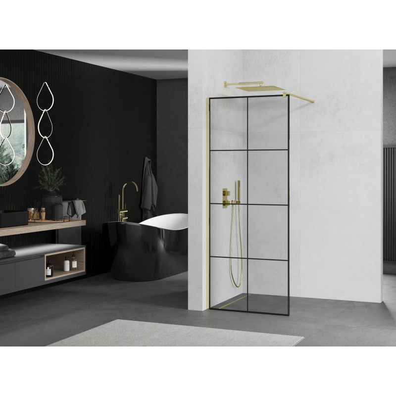Mexen Kioto Walk-in Shower Wall 70 x 200 cm, Black Grid 8 mm, Gold - 800-070-101-50-77