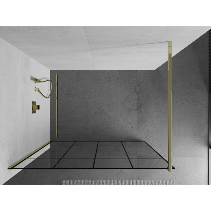 Mexen Kioto Walk-in Shower Wall 130 x 200 cm, Black Grid 8 mm, Gold - 800-130-101-50-77