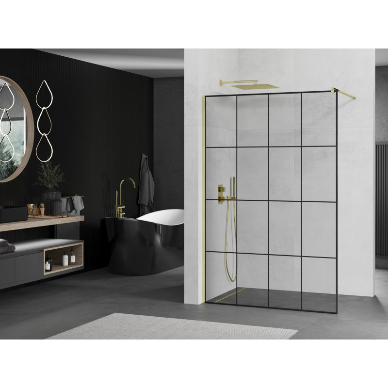Mexen Kioto Walk-in Shower Wall 130 x 200 cm, Black Grid 8 mm, Gold - 800-130-101-50-77