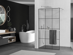 Mexen Kioto+ shower screen with a shelf and rail 110 x 200 cm, Transparent/Black pattern 8 mm, Chrome - 800-110-121-01-77