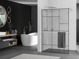 Mexen Kioto+ shower screen with a shelf and rail 80 x 200 cm, Transparent/Black pattern 8 mm, Chrome - 800-080-121-01-78