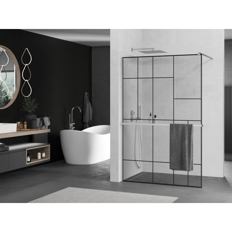 Mexen Kioto+ shower wall with shelf Walk-in 90 x 200 cm, black pattern, chrome - 800-090-121-01-78