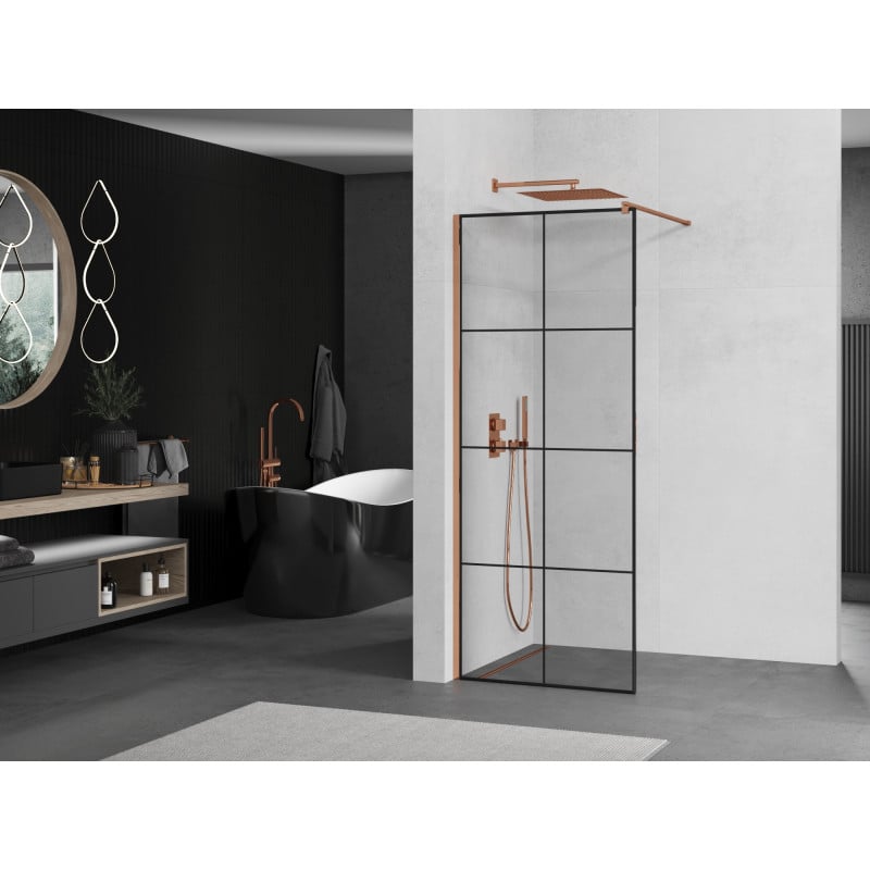 Mexen Kioto Walk-in Shower Wall 70 x 200 cm, Black Grid 8 mm, Rose Gold - 800-070-101-60-77