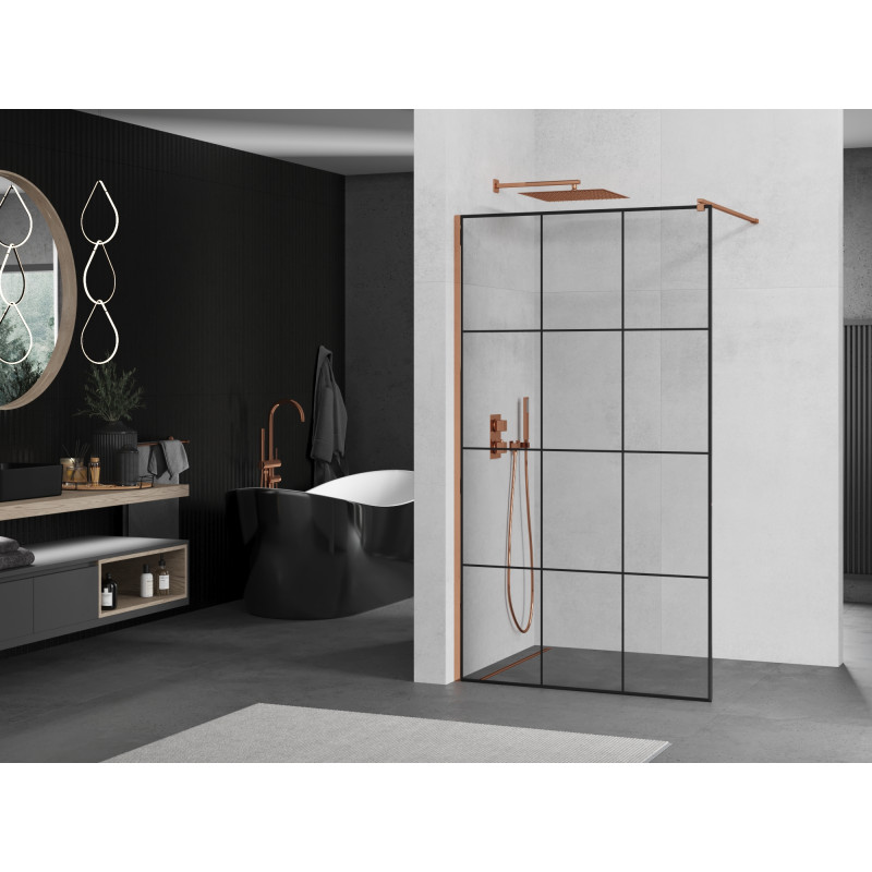 Mexen Kioto Walk-in shower wall 110 x 200 cm, black grid 8 mm, pink gold - 800-110-101-60-77