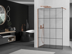 Mexen Kioto Walk-In Shower Wall 130 x 200 cm, Black Grid 8 mm, Rose Gold - 800-130-101-60-77