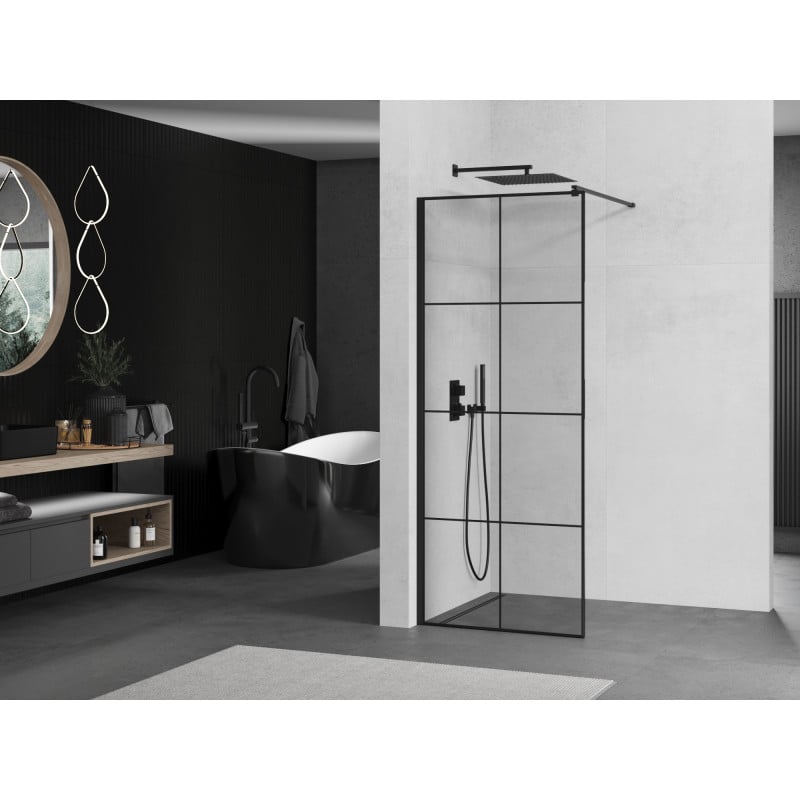 Mexen Kioto Walk-in Shower Wall 90 x 200 cm, Black Grid 8 mm, Black - 800-090-101-70-77
