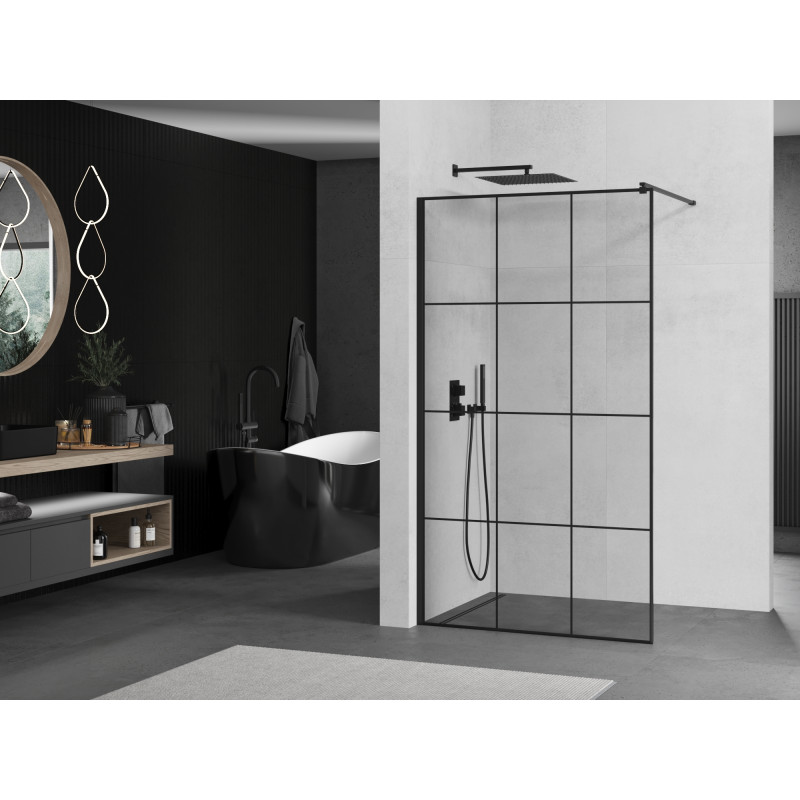 Mexen Kioto Walk-in Shower Panel 110 x 200 cm, Black Grid 8 mm, Black - 800-110-101-70-77