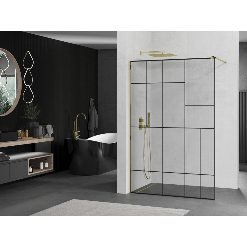 Mexen Kioto Walk-in Shower Wall 100 x 200 cm, Black Pattern 8 mm, Gold - 800-100-101-50-78