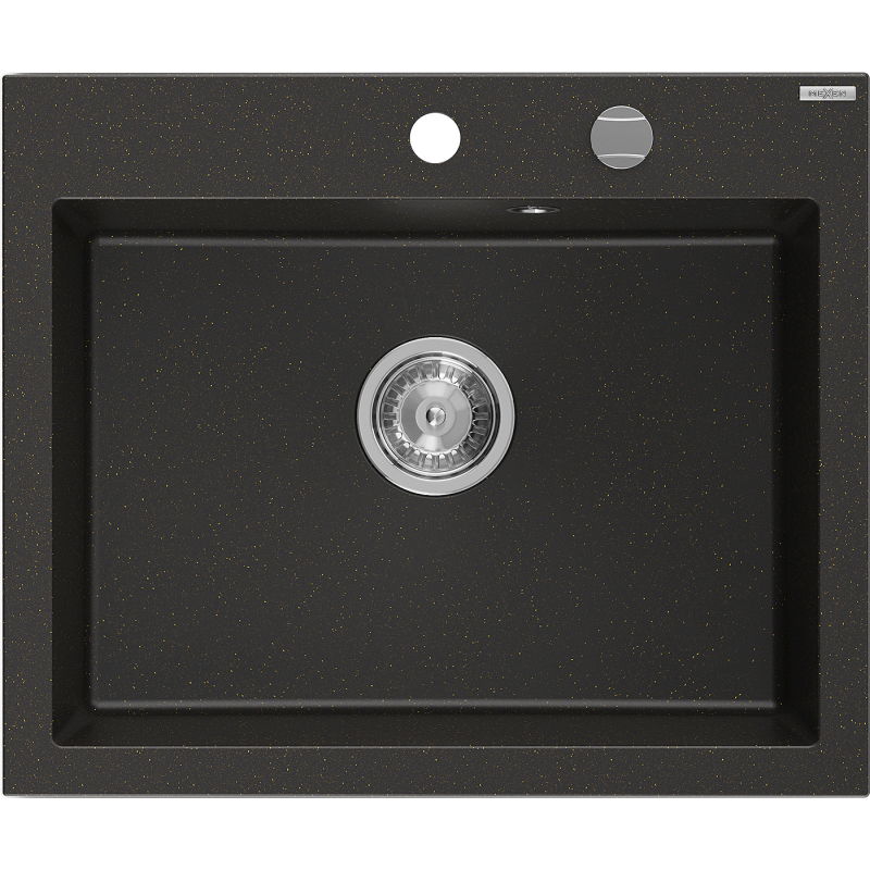 Mexen Elix granite sink 1-bowl 600 x 500 mm, black/gold metallic, chrome siphon - 6525601005-75