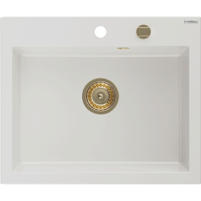 Mexen Elix granite sink 1-bowl 600 x 500 mm, white, gold siphon - 6525601005-20-G