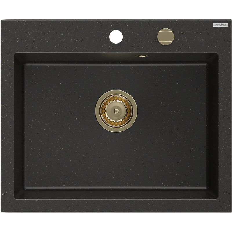 Mexen Elix granite sink 1-bowl 600 x 500 mm, black/gold metallic, gold siphon - 6525601005-75-G