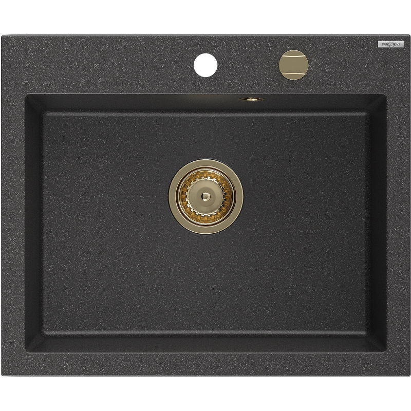 Mexen Elix granite sink, 1-bowl, 600 x 500 mm, black speckled, gold siphon - 6525601005-76-G