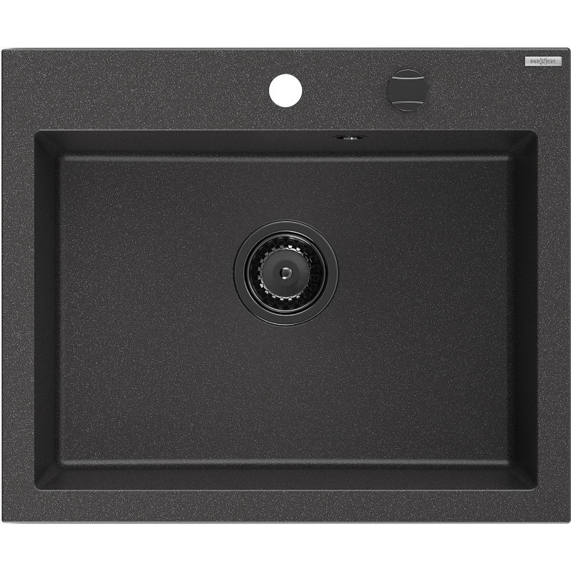 Mexen Elix 1-bowl granite sink 600 x 500 mm, black speckled, black siphon - 6525601005-76-B