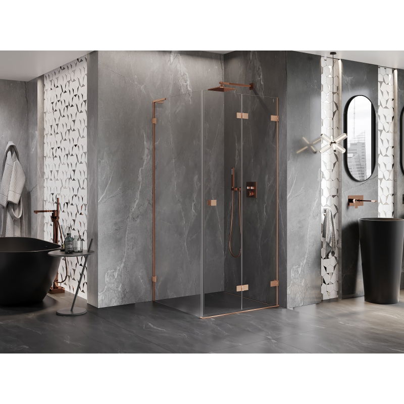 Mexen Lunar-F L foldable shower enclosure right 90 x 90 cm, transparent, brushed copper - 836L-090-090-65-00-P