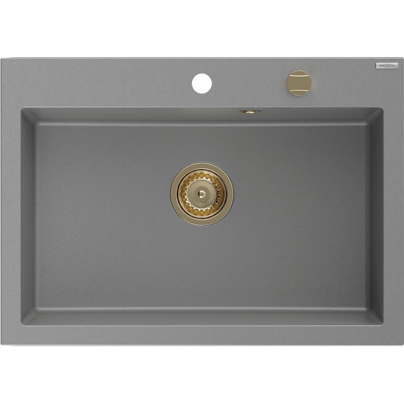 Mexen Elix Granite Kitchen Sink, 1-Bowl, 700 x 500 mm, Gray, Gold Siphon - 6526701005-71-G