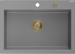 Mexen Elix Granite Kitchen Sink, 1-Bowl, 700 x 500 mm, Gray, Gold Siphon - 6526701005-71-G