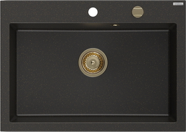 Mexen Elix granite single-bowl sink 700 x 500 mm, black/gold metallic, gold siphon - 6526701005-75-G