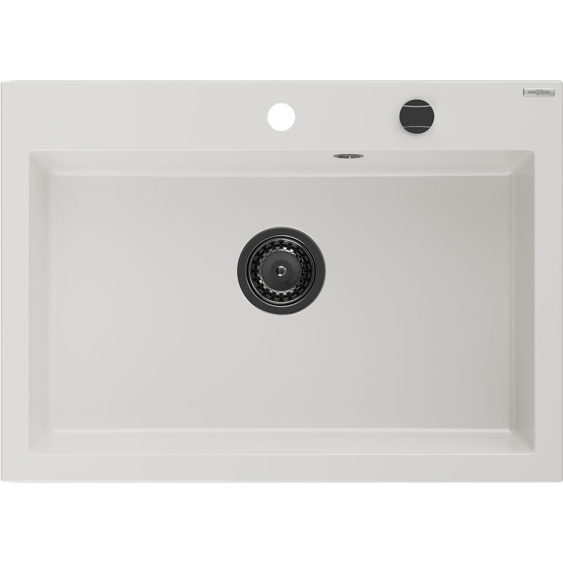 Mexen Elix granite sink single-bowl 700 x 500 mm, white, black siphon - 6526701005-20-B