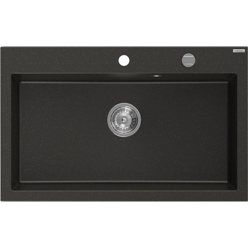 Mexen Elix granite sink single-bowl 800 x 500 mm, black/gold metallic, chrome siphon - 6527801005-75