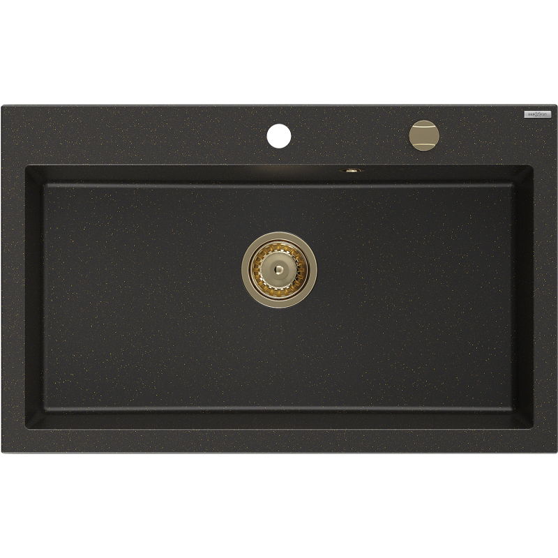 Mexen Elix granite sink, 1-bowl 800 x 500 mm, black/gold metallic, gold siphon - 6527801005-75-G