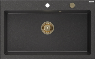 Mexen Elix Granite Sink, 1-Bowl 800 x 500 mm, Black Speckled, Gold Siphon - 6527801005-76-G
