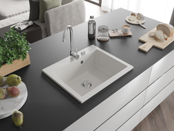 Mexen Elix granite kitchen sink, 1-bowl, 600 x 500 mm, white, chrome siphon - 6525601005-20