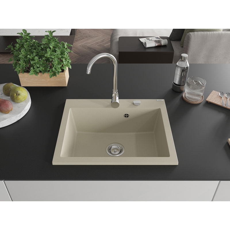 Mexen Elix granite sink 1-bowl 600 x 500 mm, beige, chrome siphon - 6525601005-69