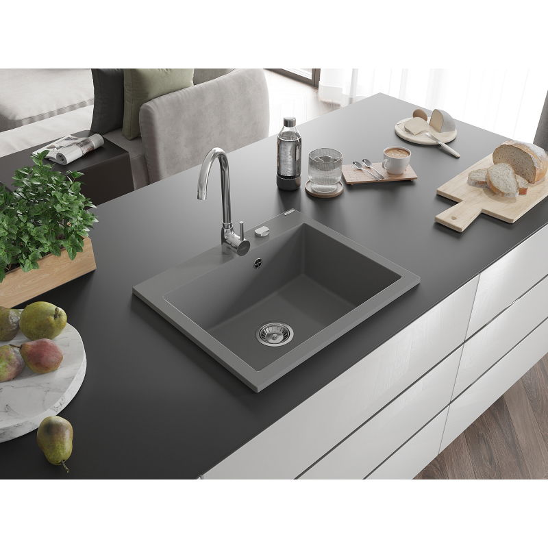 Mexen Elix granite sink 1-bowl 600 x 500 mm, grey, chrome siphon - 6525601005-71