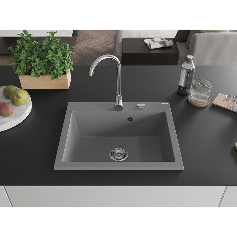 Mexen Elix granite sink 1-bowl 600 x 500 mm, grey, chrome siphon - 6525601005-71