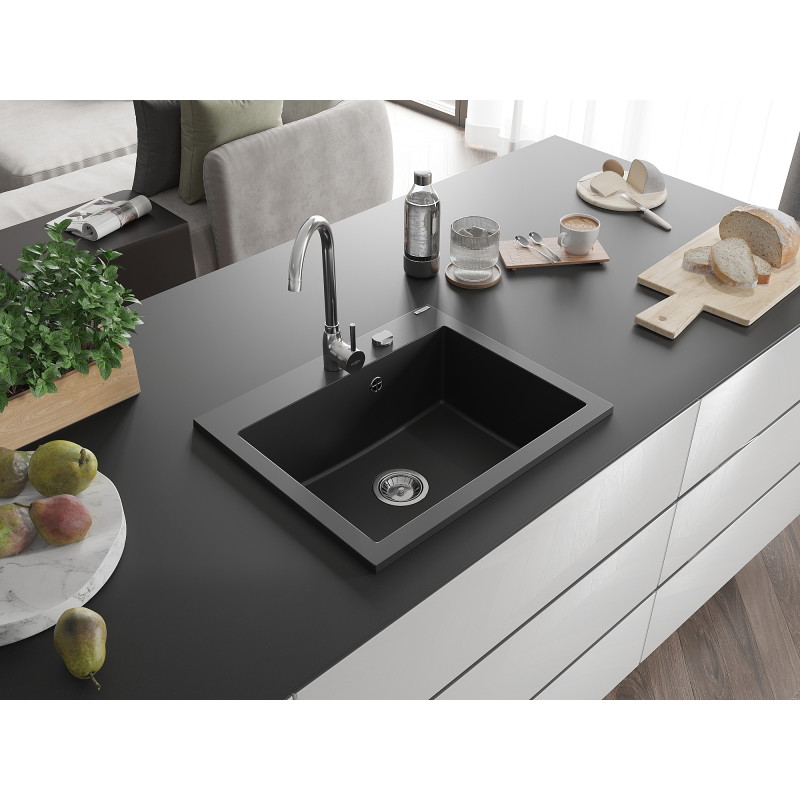 Mexen Elix granite kitchen sink 1-bowl 600 x 500 mm, black, chrome siphon - 6525601005-77