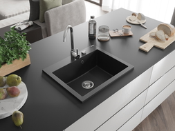 Mexen Elix granite kitchen sink 1-bowl 600 x 500 mm, black, chrome siphon - 6525601005-77