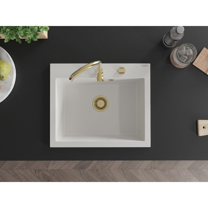 Mexen Elix 1-bowl granite sink 600 x 500 mm, white, gold siphon - 6525601005-20-G