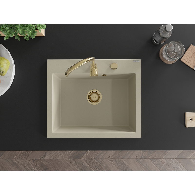 Mexen Elix granite sink 1-bowl 600 x 500 mm, beige, gold siphon - 6525601005-69-G