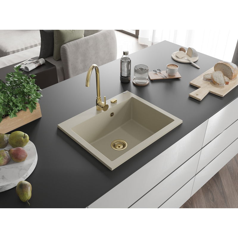 Mexen Elix granite sink 1-bowl 600 x 500 mm, beige, gold siphon - 6525601005-69-G