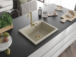 Mexen Elix granite sink single-bowl 600 x 500 mm, beige, gold siphon - 6525601005-69-G